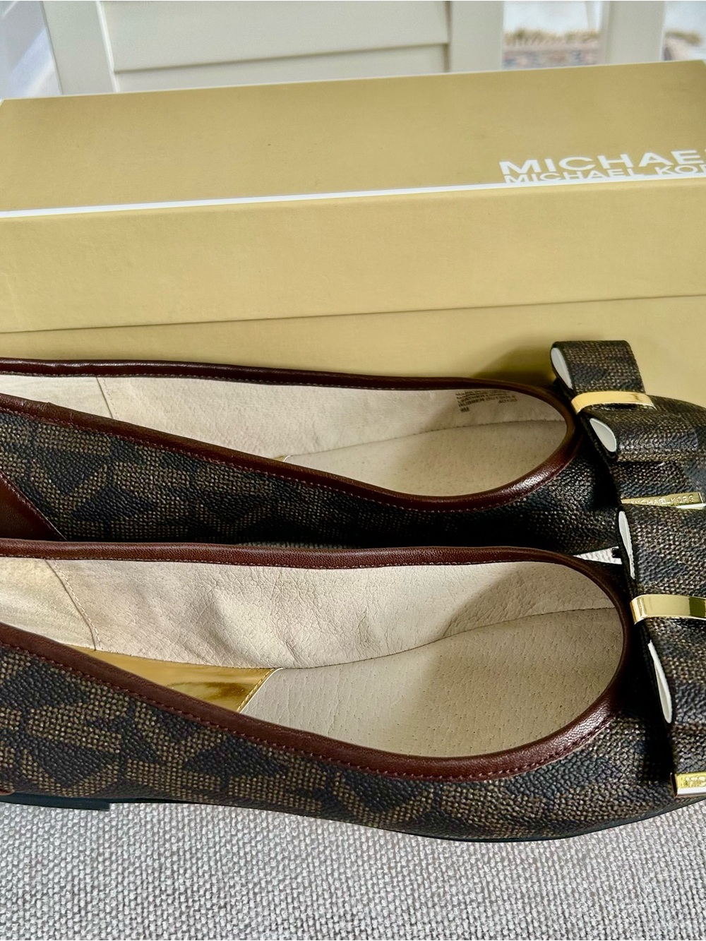 Michael Kors Brown Logo Ballet Flats with Gold Accent Bow